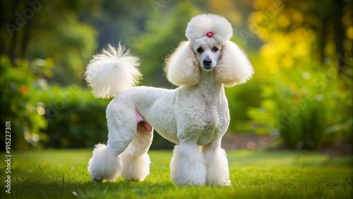 Adorable white standard poodle stands on green grass, curly fur styled in pom-poms, showcasing elegance and innocence with a sweet gentle facial expression.