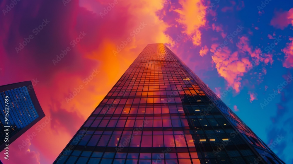 custom made wallpaper toronto digitalSkyscraper at sunset with a vibrant sky, perfect for architectural design portfolios, corporate branding, and urban real estate marketing.
