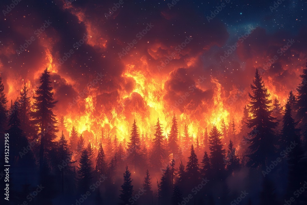 dramatic illustration of raging forest fire vibrant orange flames consuming trees billowing smoke against night sky conveying environmental urgency dramatic illustration of raging forest fire vibrant orange flames consuming trees billowing smoke against night sky conveying environmental urgency