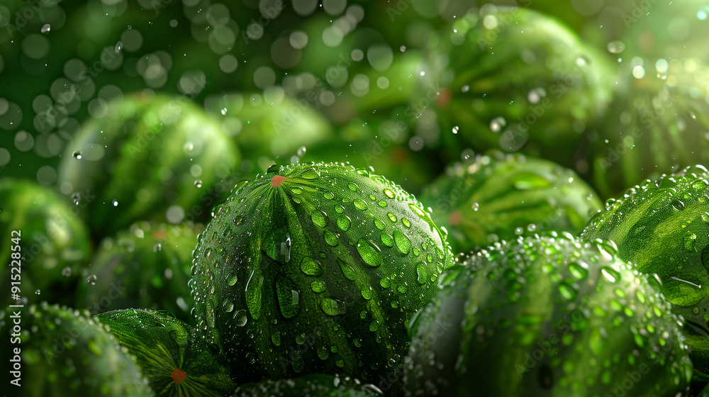 Obraz premium A dynamic and vibrant image showing a multitude of watermelons, all covered with tiny water droplets, that are fresh and healthy