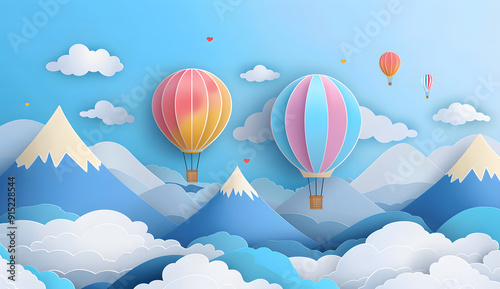 Wallpaper Mural Creative and colorful paper art with the sun, clouds, mountain, and hot air balloons design Torontodigital.ca