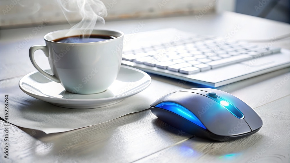 A modern computer mouse with a glowing blue button on a white desk, surrounded by scattered papers and a steaming cup of coffee. A modern computer mouse with a glowing blue button on a white desk, surrounded by scattered papers and a steaming cup of coffee.