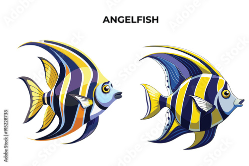 Detailed Angelfish vector illustration. Perfect for culinary, marine, and environmental designs. High-quality vector for easy customization. Ideal for menus, packaging, education, and web graphics.