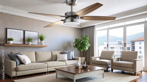 A modern ceiling fan with sleek white blades and a brushed nickel finish spins quietly above a comfortable living room sofa and coffee table setup. photo