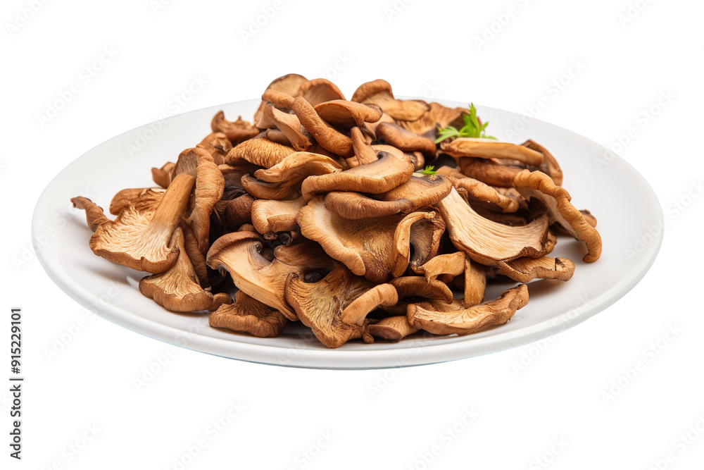 Heaping Plate of Freshly Sliced Wild Mushrooms Garnished With Herbs in a Rustic Kitchen Setting on Transparent PNG Background. Heaping Plate of Freshly Sliced Wild Mushrooms Garnished With Herbs in a Rustic Kitchen Setting on Transparent PNG Background.