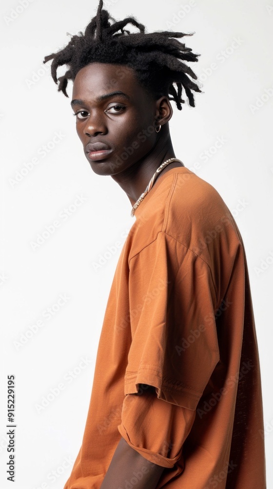 A man with dreadlocks is wearing a brown shirt A man with dreadlocks is wearing a brown shirt