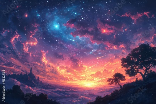 dreamy animeinspired night sky with swirling galaxies shooting stars and luminous celestial bodies in rich purples blues and pinks