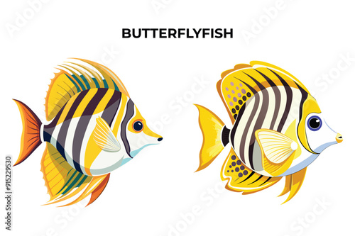 Detailed Butterfly fish vector illustration. Perfect for culinary, marine, and environmental designs. High-quality vector for easy customization. Ideal for menus, packaging, education, and web graphic