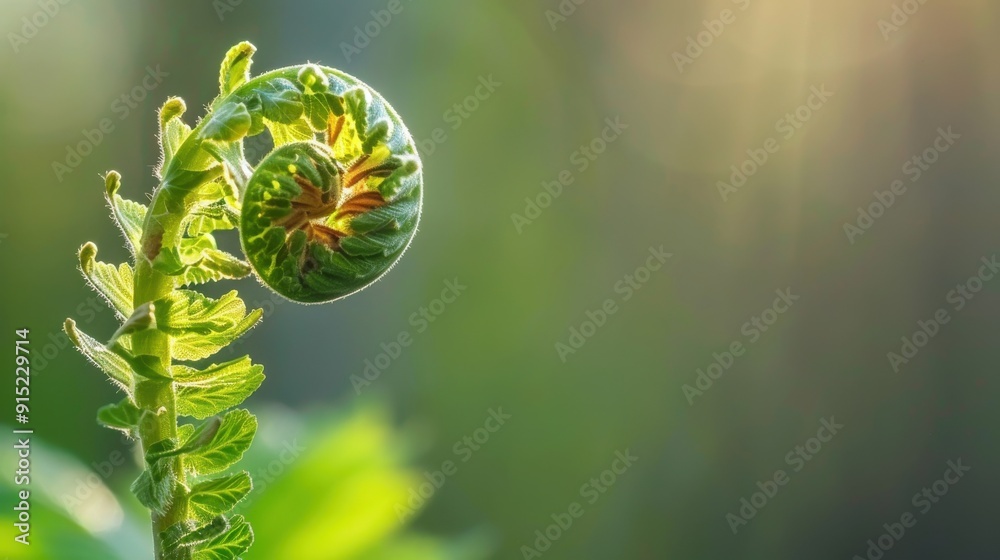 A close-up shot of a single, vibrant green fern fiddlehead unfurling into a delicate spiral, bathed in soft sunlight. The background is a blurred green and yellow, highlighting the intricate details o A close-up shot of a single, vibrant green fern fiddlehead unfurling into a delicate spiral, bathed in soft sunlight. The background is a blurred green and yellow, highlighting the intricate details o