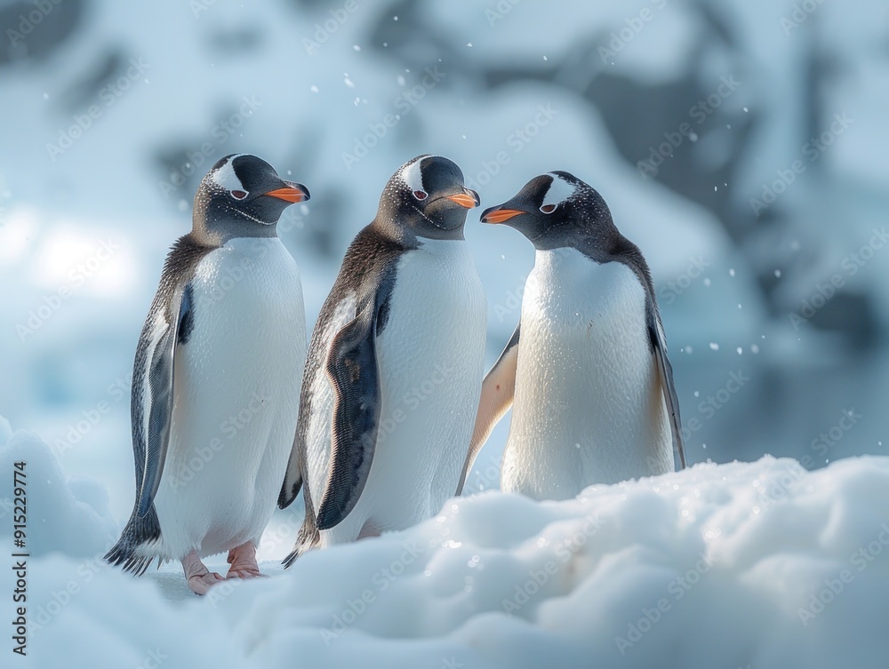 Fototapeta premium Three Penguins Standing on Snow