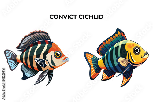 Detailed Convict Cichlid fish vector illustration. Perfect for culinary, marine, and environmental designs. High-quality vector for easy customization. Ideal for menus, packaging, education, and web g