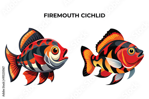 Detailed Firemouth Cichlid fish vector illustration. Perfect for culinary, marine, and environmental designs. High-quality vector for easy customization. Ideal for menus, packaging, education, and web