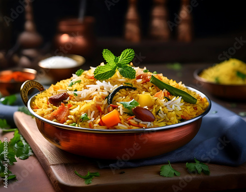 Veg biryani or veg pulav served in a bowl on background