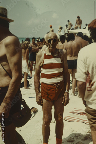 An elderly man stands on a sunny beach wearing a striped swimsuit, surrounded by many other beachgoers enjoying a lively day at the seashore under the bright sun. photo