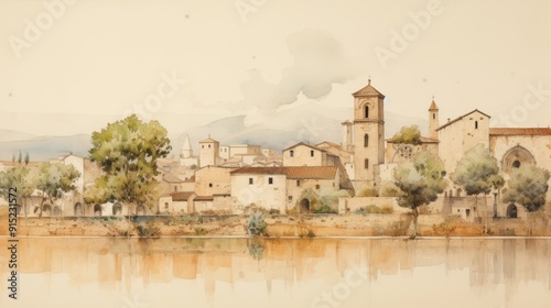 Illustration of In Reflection, St. Ambrosio with 16th-Century Spanish Village, Biblical Illustration, Beige Background, Copyspace,Christian banner photo