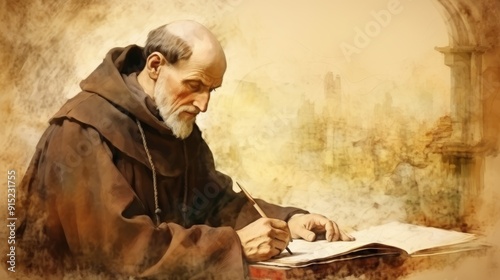 Illustration of Writing of St. Bede the Venerable in 8th-Century English Monastery, Biblical Illustration, Beige Background, Copyspace,Christian banner