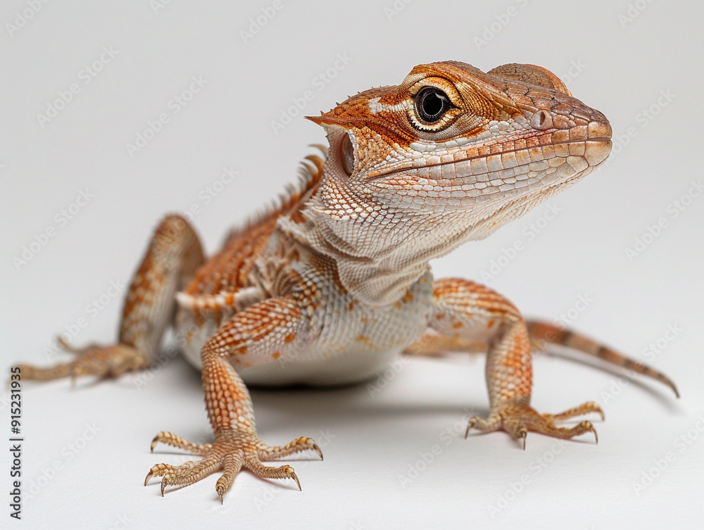Naklejka premium A close-up of a vibrant bearded dragon on a light background, showcasing its unique colors and textures