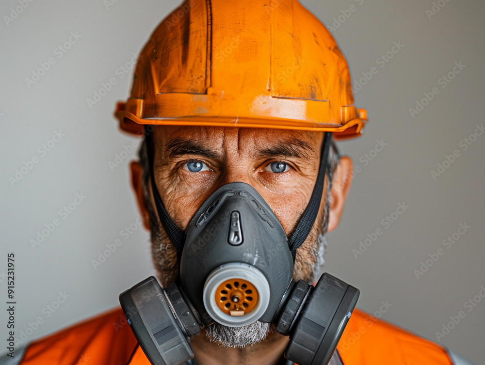 Construction worker wearing an orange helmet and a gray respirator while preparing for a task indoors Construction worker wearing an orange helmet and a gray respirator while preparing for a task indoors