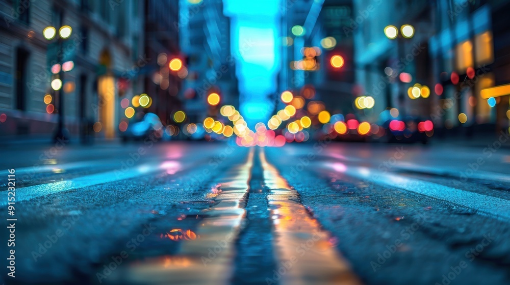 A low angle shot of a wet city street at night. The street is lined ...