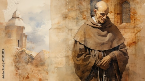 Illustration of Reflection of St. Bruno of Cologne in 11th-Century French Monastery, Biblical Illustration, Beige Background, Copyspace,Christian banner
