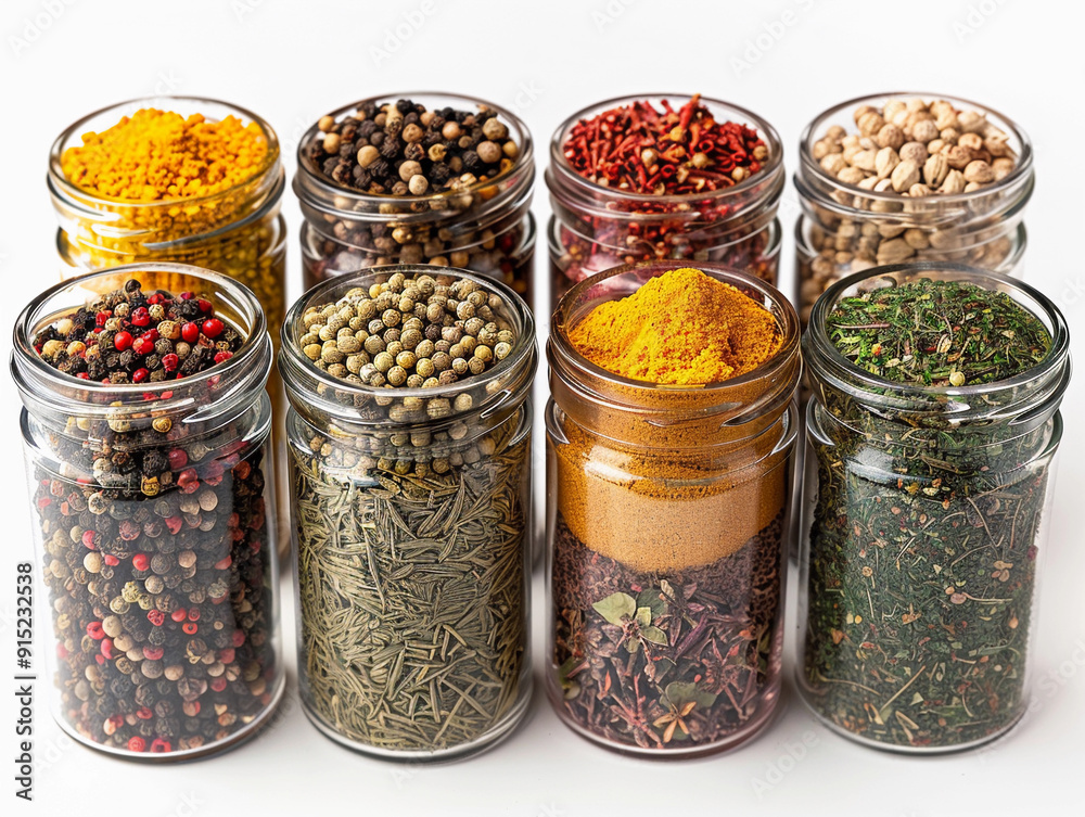 Jars filled with colorful spices and herbs displayed in a neat arrangement on a white surface Jars filled with colorful spices and herbs displayed in a neat arrangement on a white surface