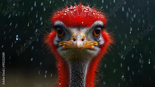 Vibrant red-feathered ostrich stares intently, raindrops glistening on its head like a natural raincoat, capturing a striking moment in nature’s downpour. photo
