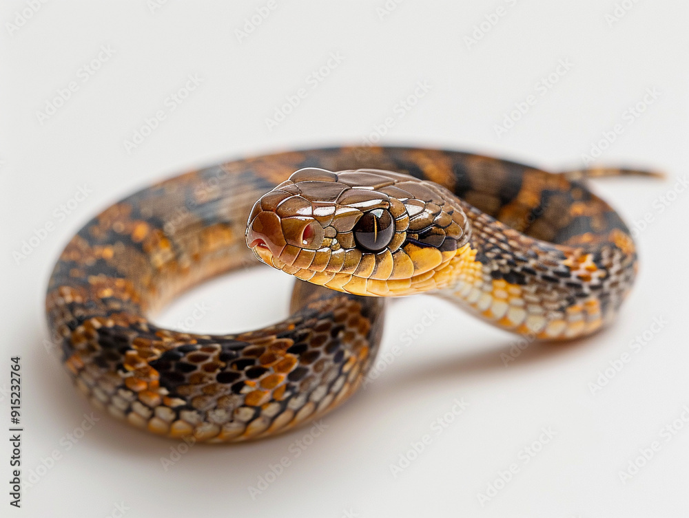 Colorful snake resting on a light surface, showcasing intricate patterns and textures