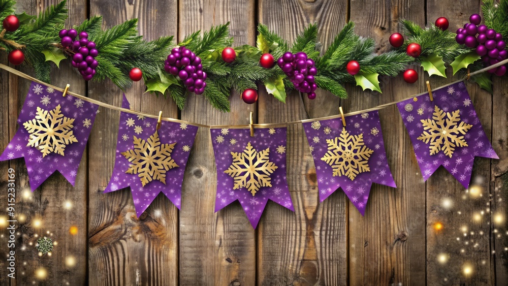Fototapeta premium A vibrant purple Christmas banner with golden accents, decorated with snowflakes and holly, hanging from a rustic wooden background, evoking festive holiday cheer.