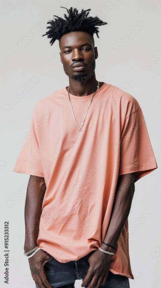 Obraz premium A man with a shaved head and a necklace is wearing a pink shirt