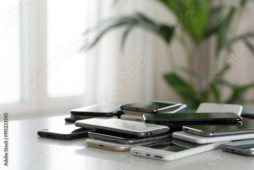 Variety of modern smartphones stacked on a white table with a blurred green plant in the background. Concepts of technology, communication devices, and contemporary lifestyle.