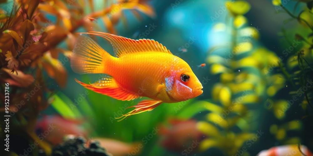Red Parrot Cichlid swimming in an aquarium Red Parrot Cichlid swimming in an aquarium