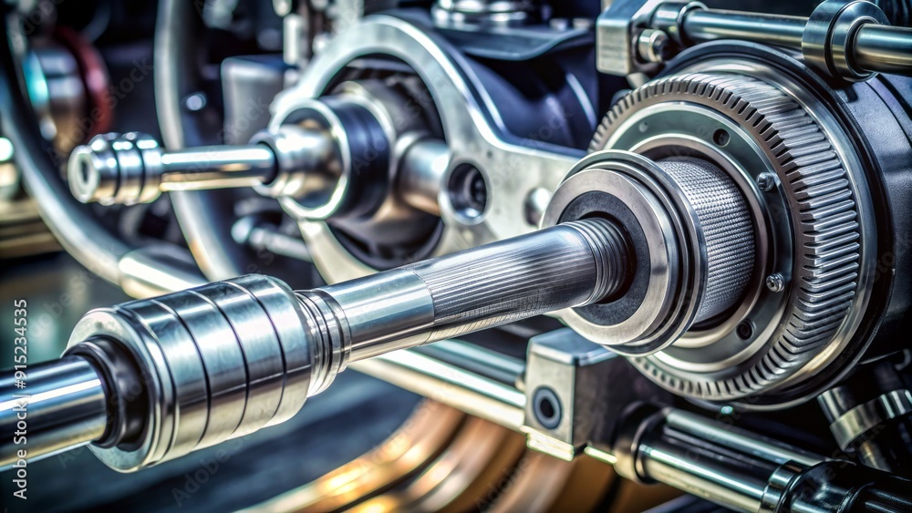 Close-up of a drive shaft, a rotating rod that transmits mechanical power from an engine to the wheels of a vehicle, in motion.