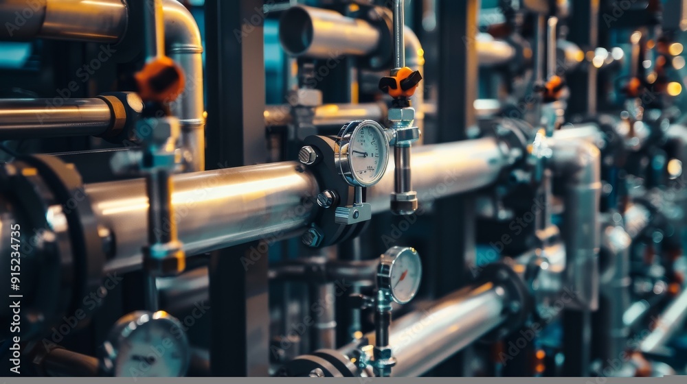Industrial pipes and gauges form an intricate network, presenting a technical and mechanical aesthetic with metallic and utilitarian charm. Industrial pipes and gauges form an intricate network, presenting a technical and mechanical aesthetic with metallic and utilitarian charm.