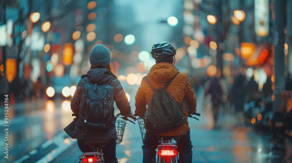 Urban Cyclists Riding Through a Busy City Street on a Rainy Evening with Blurred Lights in the Background Urban Cyclists Riding Through a Busy City Street on a Rainy Evening with Blurred Lights in the Background