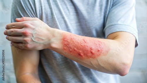 Close-up of a person's dry, cracked, and inflamed skin on their arm, depicting the symptoms of eczema, a chronic skin condition characterized by itching and irritation. photo