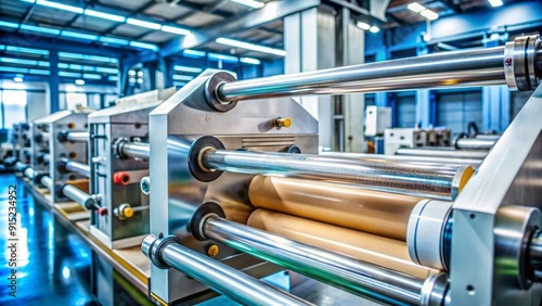 Close-up of a roll-to-roll gravure printing machine, showcasing the cylinder, doctor blade, and impression roll, with a blurred background of a busy factory floor.