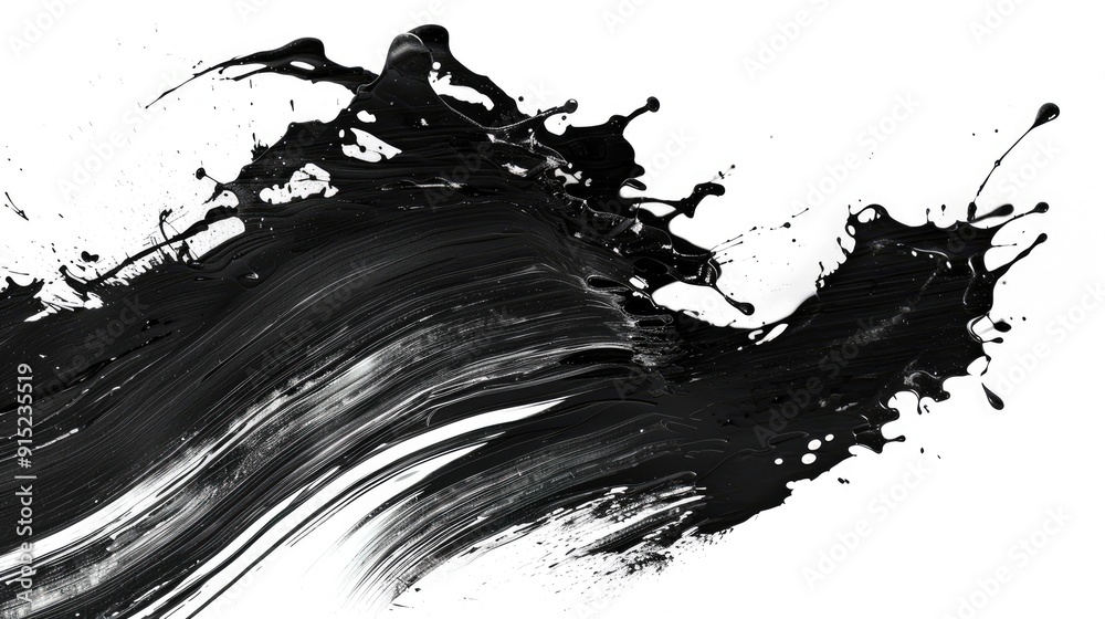 Dynamic Black Ink Brush Stroke with Splashes on White Background Dynamic Black Ink Brush Stroke with Splashes on White Background