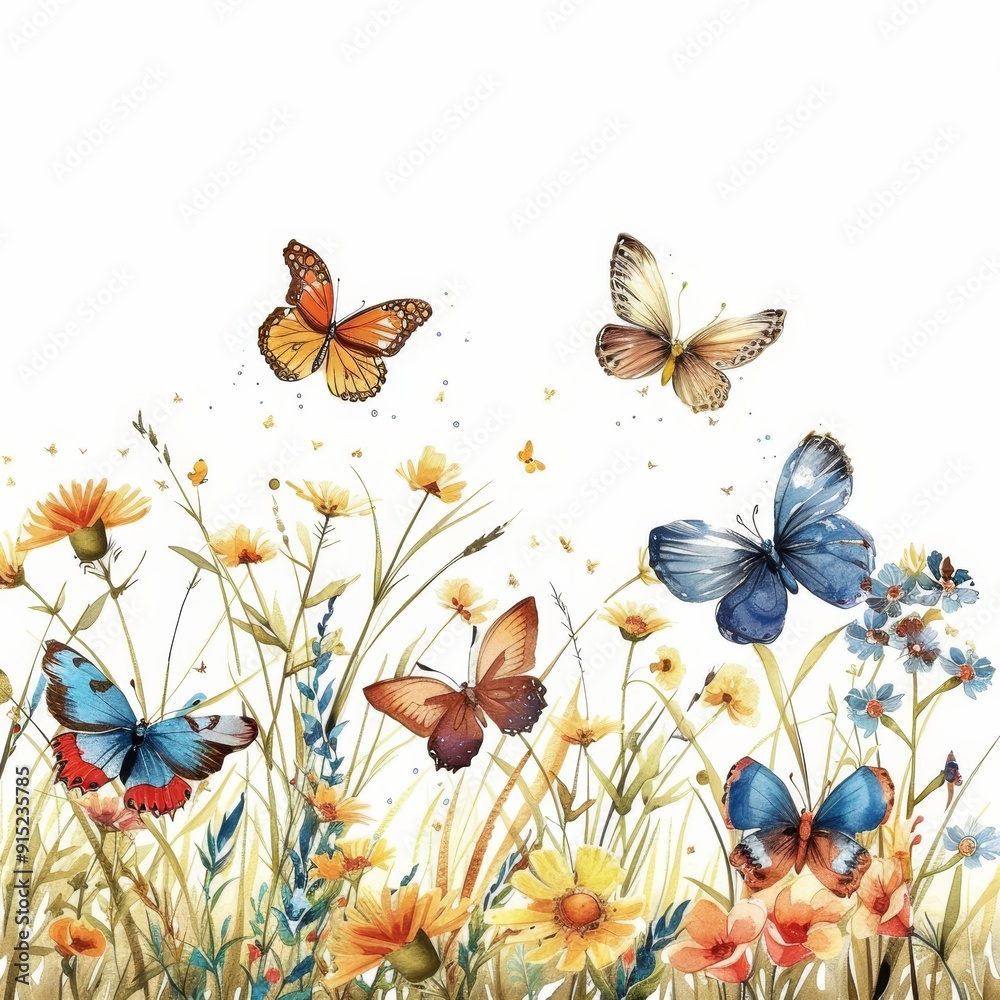 Colorful butterflies flutter over a field of blooming wildflowers, creating a vibrant and lively scene of nature's beauty. Colorful butterflies flutter over a field of blooming wildflowers, creating a vibrant and lively scene of nature's beauty.