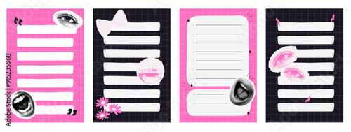 To do list template with halftone collages. Notes for school education in trendy style. Daily planner set. Scrapbook notes and cards.Printable planner stickers. Vector stock illustration.