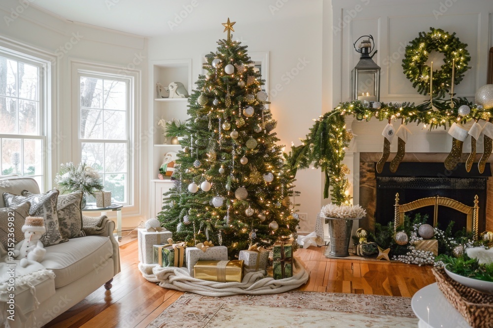 Fototapeta premium Luxurious Christmas Tree in an Elegant Room - Grand Holiday Decorations and Festive Opulence