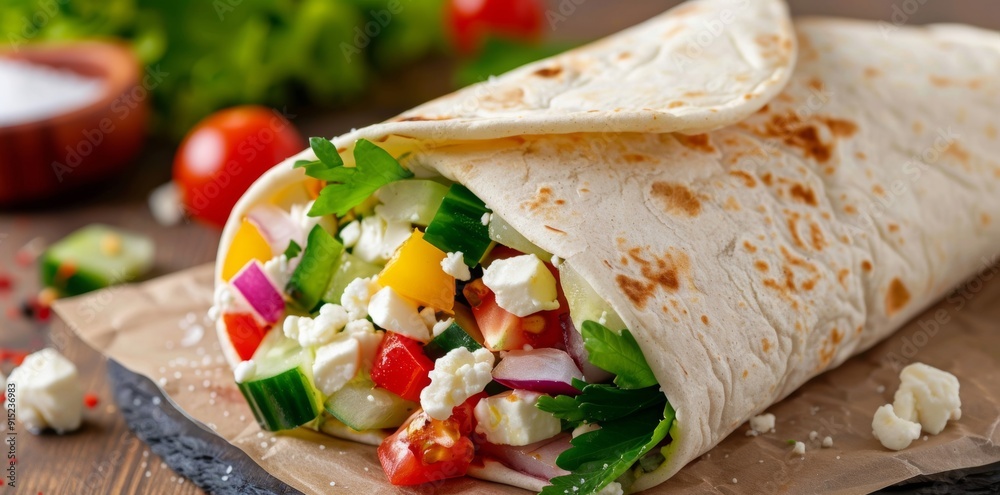A high-protein feta cheese wrap filled with colorful fresh vegetables, offering a delicious and nutritious option for a healthy lunch. A high-protein feta cheese wrap filled with colorful fresh vegetables, offering a delicious and nutritious option for a healthy lunch.
