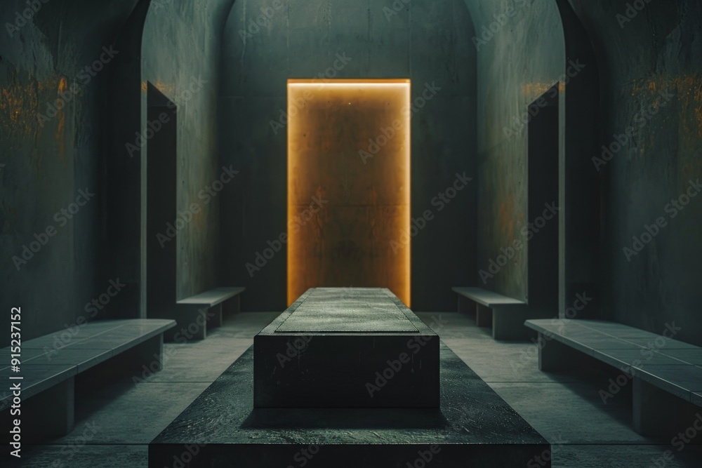 Artistic architecture shot of a sarcophagus in a dark greyscale room, with a warm yellow light, symmetrical. Artistic architecture shot of a sarcophagus in a dark greyscale room, with a warm yellow light, symmetrical.