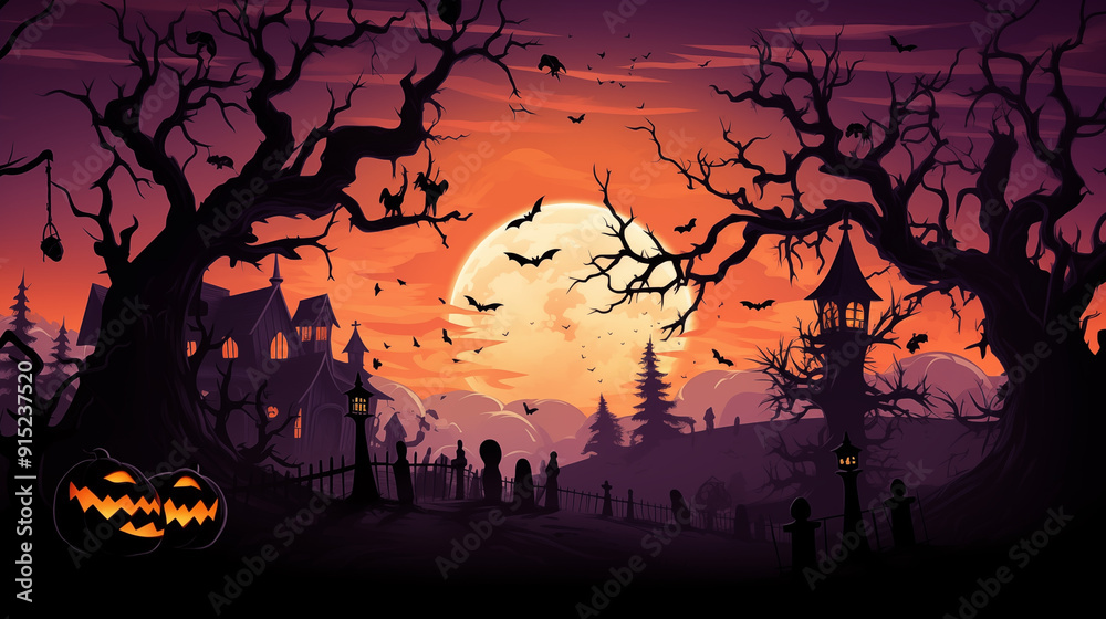Spooky Haunted Forest Scene with Bats Flying in Front of Full Moon and Abandoned Mansion Spooky Haunted Forest Scene with Bats Flying in Front of Full Moon and Abandoned Mansion