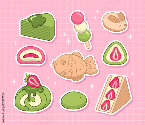 Set of traditional japanese sweets. Cute asian food stickers. Vector illustrations.