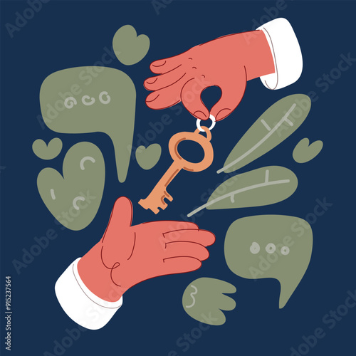 Cartoon vector illustration of hand handing key over dark background