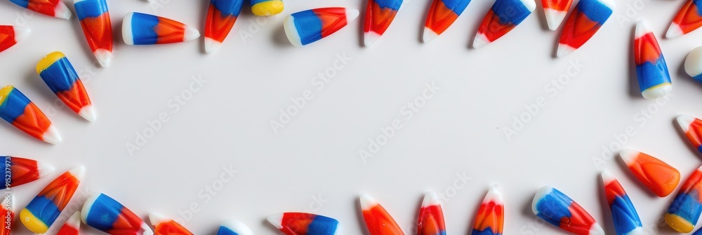 Fototapeta premium Red white and blue candy corn border on white background with empty space for text