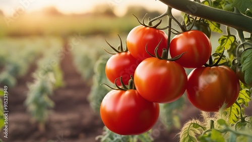 Close-up of ripe red tomatoes on a branchin in farm field,selective focus.Organic and Non-GMO Field Crop Concepts.