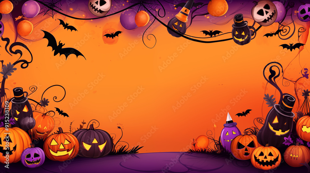 Halloween Background Featuring Carved Pumpkins With Bats And Spooky Decorations On An Orange And Purple Backdrop Halloween Background Featuring Carved Pumpkins With Bats And Spooky Decorations On An Orange And Purple Backdrop