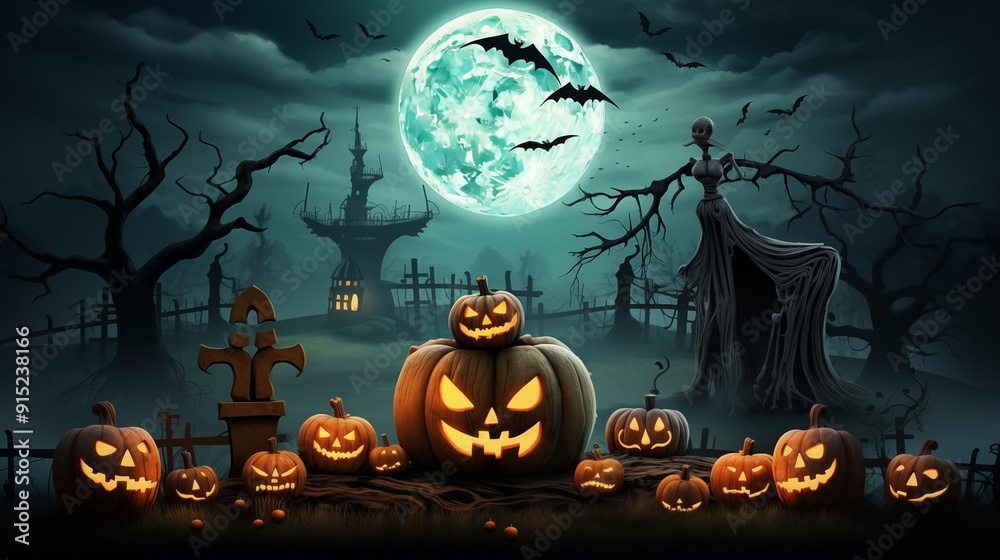 Fototapeta premium Spooky Halloween Night With Pumpkins And Moonlit Graveyard Full Of Glowing Jack-O'-Lanterns Under A Bright Full Moon