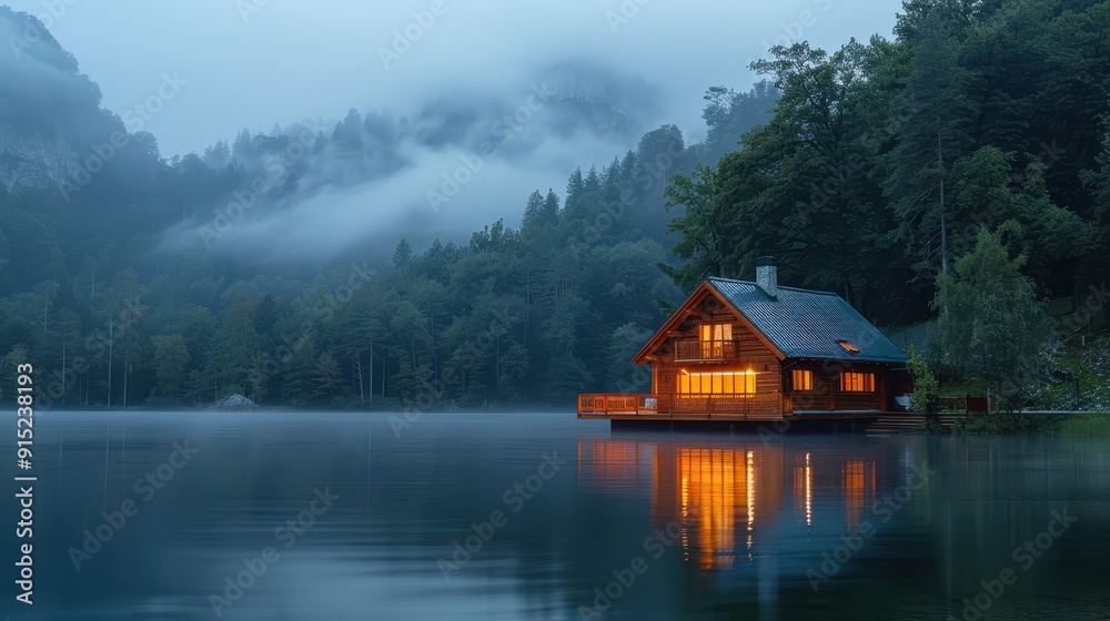 Cozy Wooden Cabin by a Misty Lake in a Serene Forest at Dusk with Warm Lights Reflecting on Water Cozy Wooden Cabin by a Misty Lake in a Serene Forest at Dusk with Warm Lights Reflecting on Water